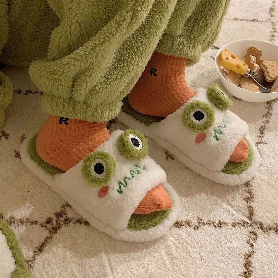 Faux Fur Slippers Cute Cartoon Frog Home Slipper Women Men Winter Warm Shoes Soft Plush Lovers Indoor House Floor Slides