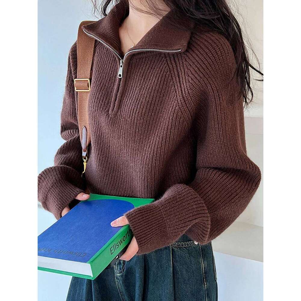 Quarter Zip Knit Sweater Cozy High Collar Long Sleeve Crop Jumper Pullover Women Teenage Girl Fall Winter XJ260305