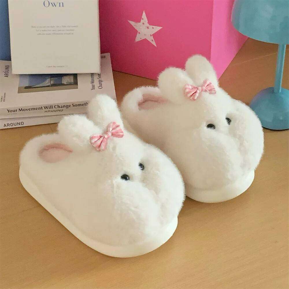 Women Indoor Cotton Slippers Cute Cartoon Rabbit Winter House Shoes Woman Home Floor Fluffy Slides Warm Plush Anti-slip Footwear
