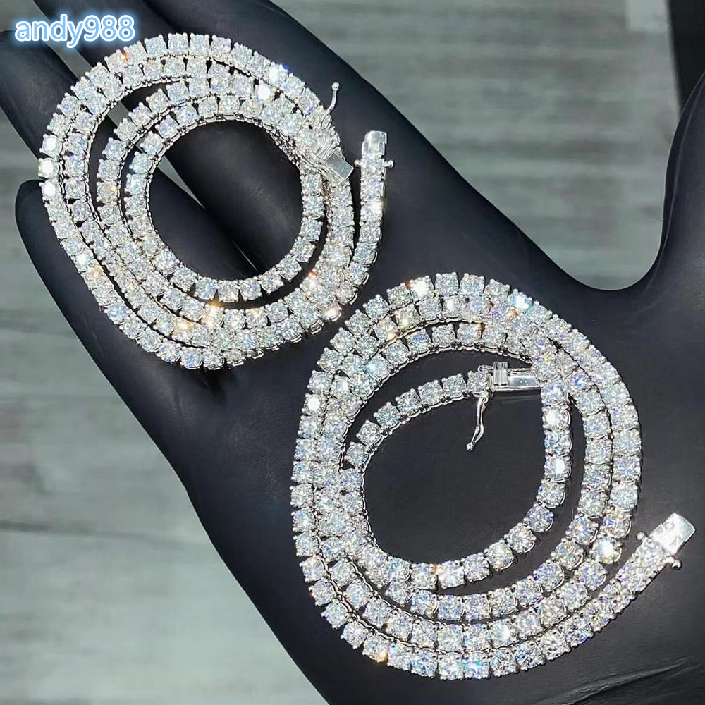 Hiphop Moissanite Jewelry 3mm/4mm 925 Silver D Color GRA Moissanite Tennis Chain Necklace for Men and Women