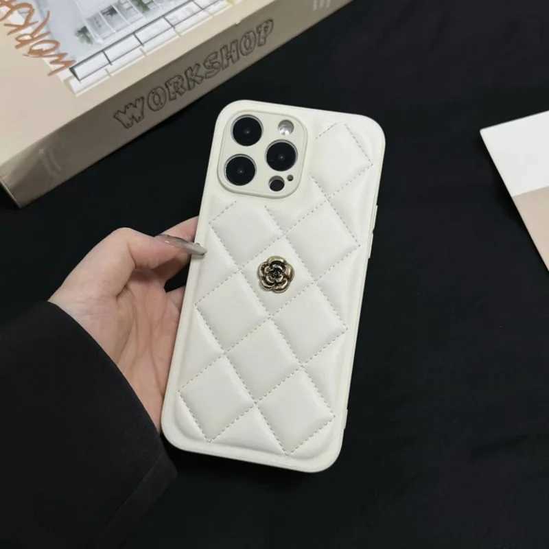 Luxury Quilted Leather Phone Case with 3D Metal Camellia For iPhone 16 15 14 13 12 Pro Max | Anti-fall Silicone Hybrid CoverT260305