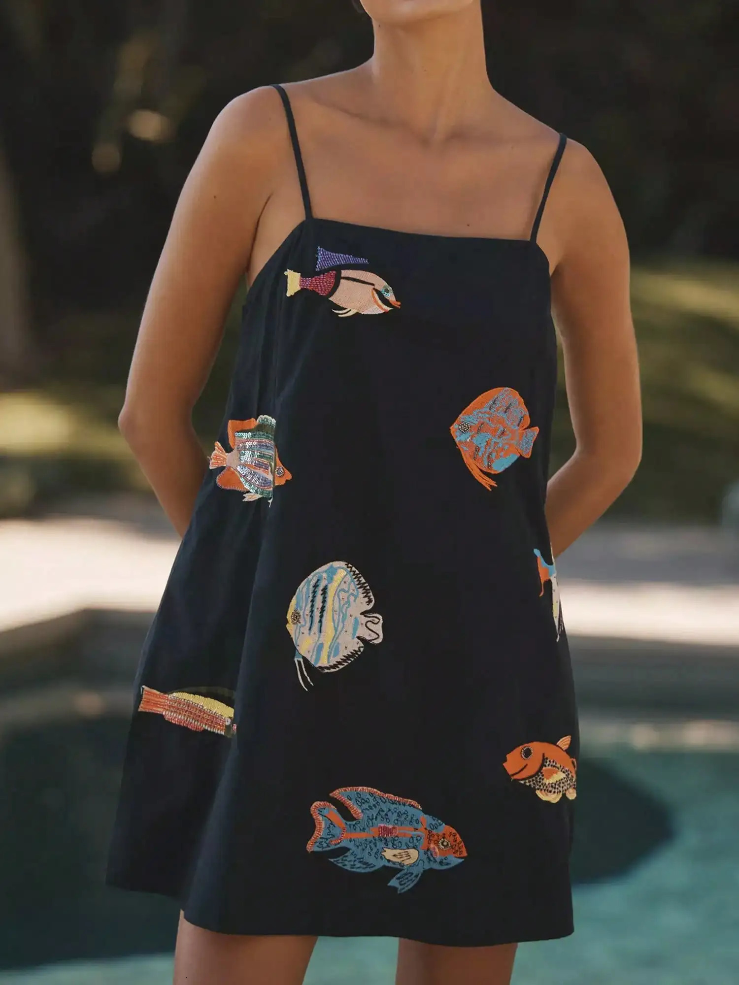 Women Y2K Boho Mini Cami Dress Spaghetti Strap Fish Printed Flowy Sling Dress Graphic Backless A Line Summer Holiday Sundress 260304