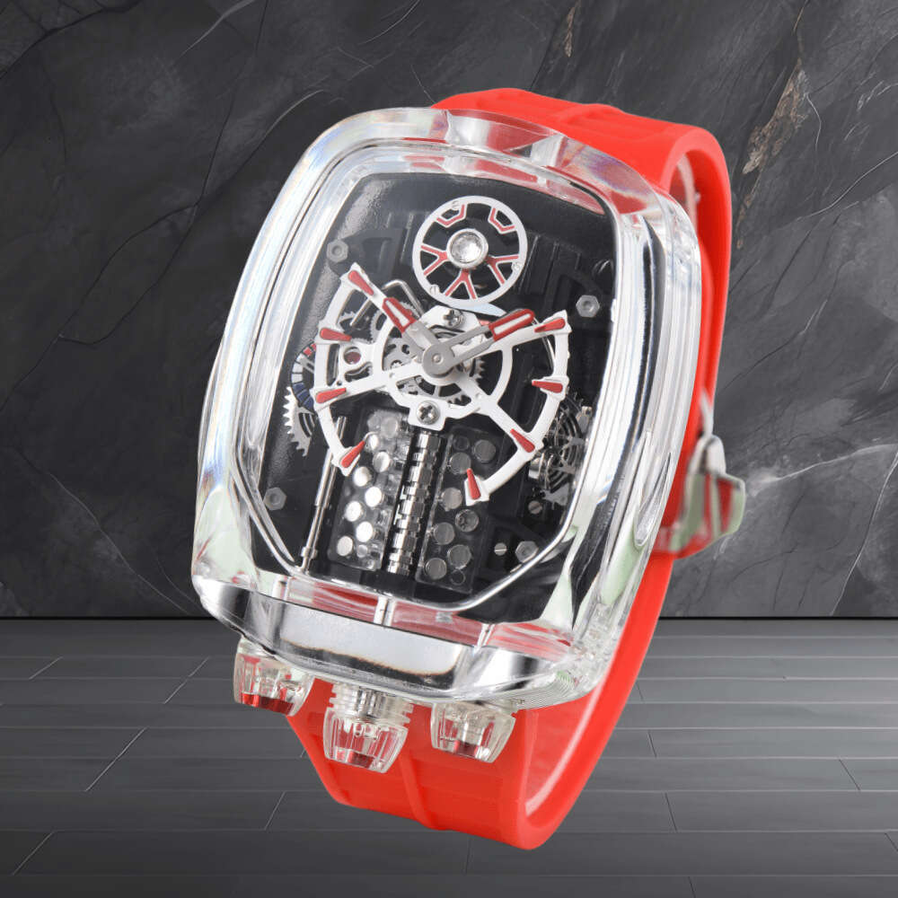 Men Transparent Skeleton Automatic Designer Watch 16 Cylinder Engine Dial Waterproof Casual Luxury Wristwatch