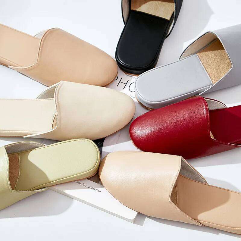 High Quality PU Leather Indoor Slippers For Women Men Office Mules Leisure House Shoes Anti-slip Solid Color Couples Home Slides