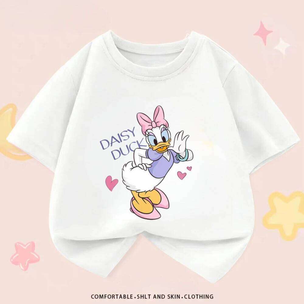Disney Simple Fashion Cute Girls Tshirts Printed Daisy Duck Kids Short Sleeve Tees Children Clothing Summer Loose Casual T-shirt 0-neck XJ260304