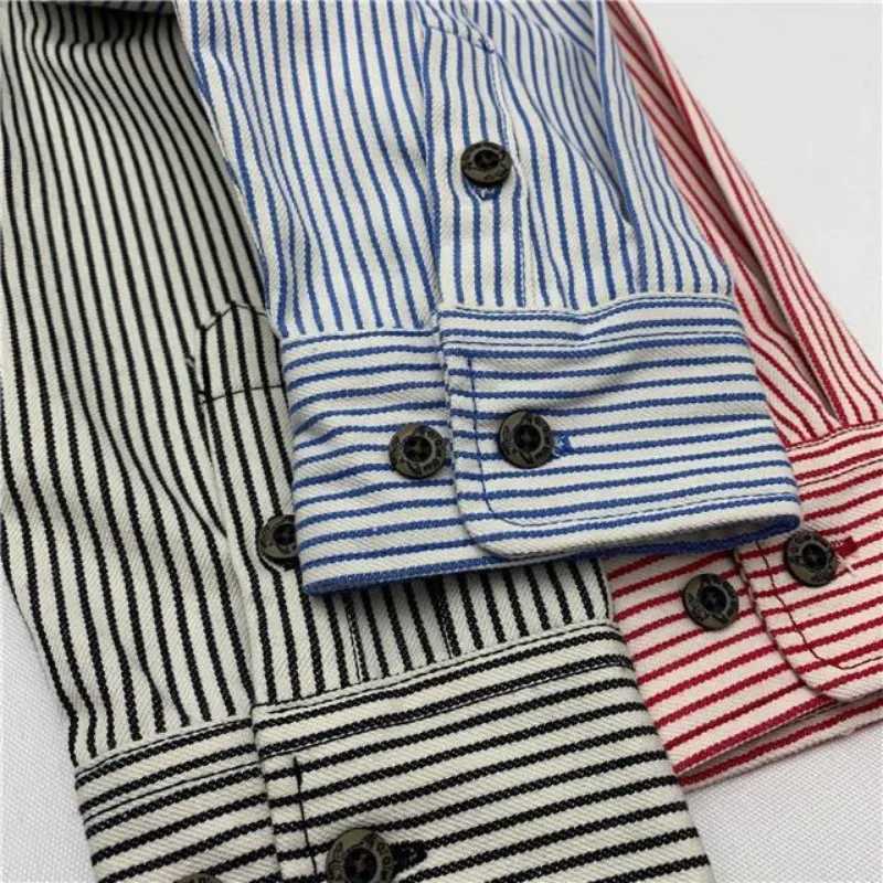 Japanese Retro Youth Workwear Shirt Fashion Colours Striped Mens Loose Long Sleeved Shirt Square Collar Wear Resistance Coat M260305