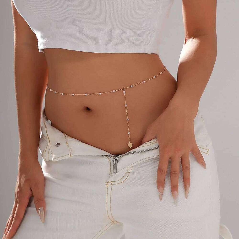 Elegant Imitation Pearl Long Tassel Women's Waist Sexy Bikini Love Pendant Chain Summer Body Jewelry S260304