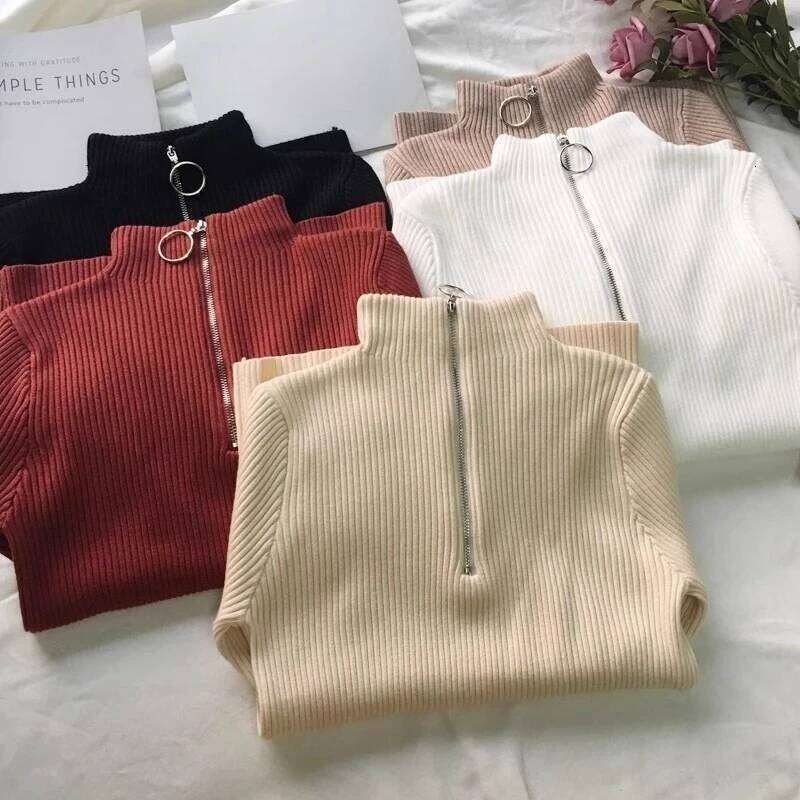 Autumn Winter Turtleneck Women Long Sleeve Zipper Neckline Pullover Female Sweater Slim Basic Knitted Jumpers XJ260305