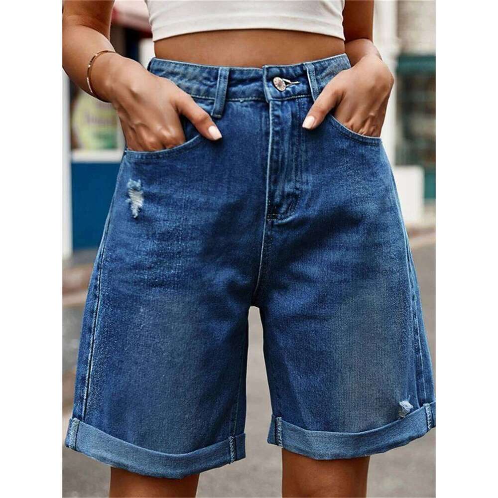 Streetwear Shorts Summer Clothes Women 2025 Knee Length Denim Straight Leg Trousers Female Casual Ripped Jeans Short Pants XJ260305