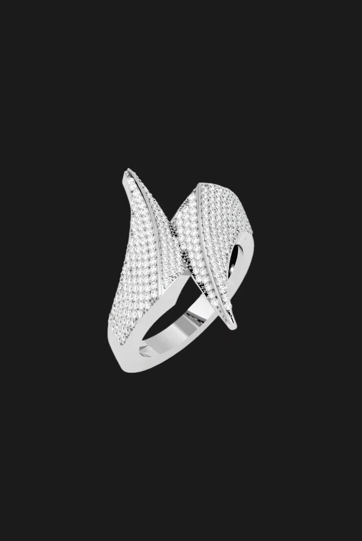 Twisted crossover moissanite band ring in polished silver tone crafted for elegant modern stylish hip hop jewellery wear