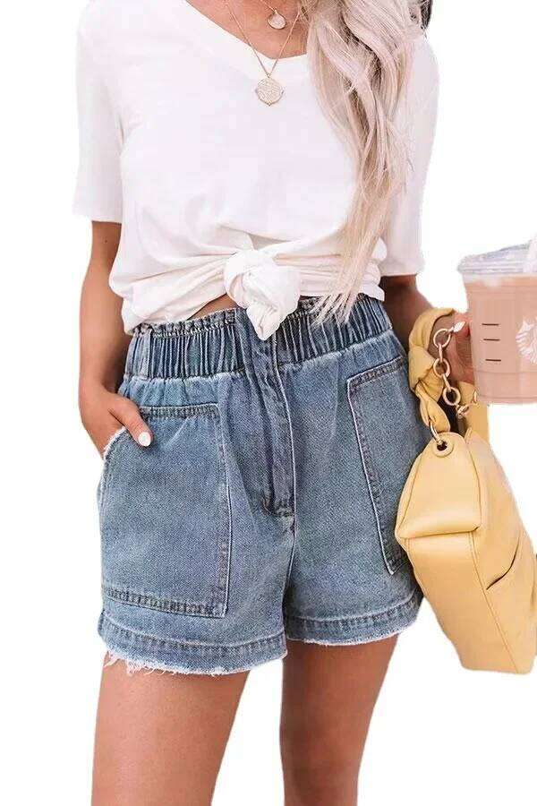 Elastic Waist Washed Loose Denim Shorts. New Summer Fashion and Temperament Pocket Insertion Casual High-waisted Short Jeans XJ260305