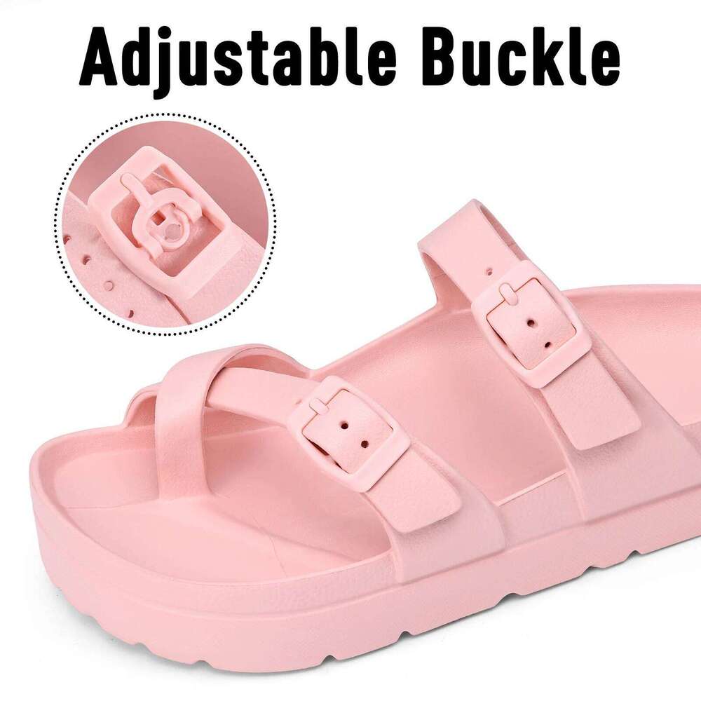 Kidmi Women's Comfort Slides Double Buckle Adjustable EVA Flat Summer Platform Vacation Pool Shower Sandals