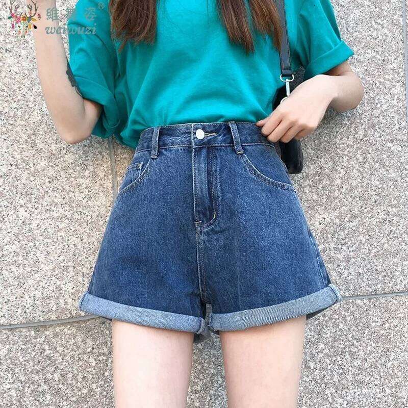 Y2K High Waist A- Line Women's Denim Cuffed Hot Pants Design Sensation Korean Girls Casual Cotton Wide Leg Shorts XJ260305