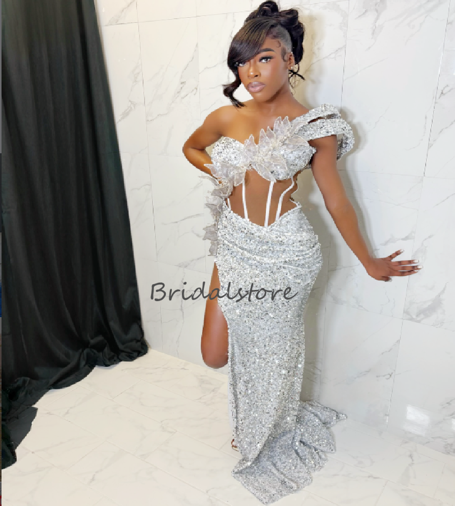 Glitter African Silver Evening Dress With Beaded Sparkly Sequin Black Girls Prom Dress With High Slit Luxury Nigeria Formal Gown Elegant Birthday Part
