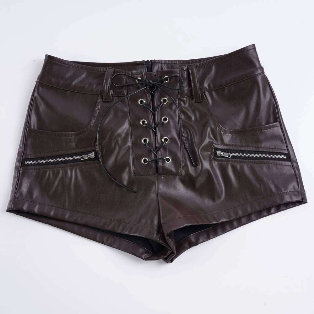 Y2K Spice Girl Splicing Drawstring Strap Zipper Pu Leather Shorts Women XJ260305