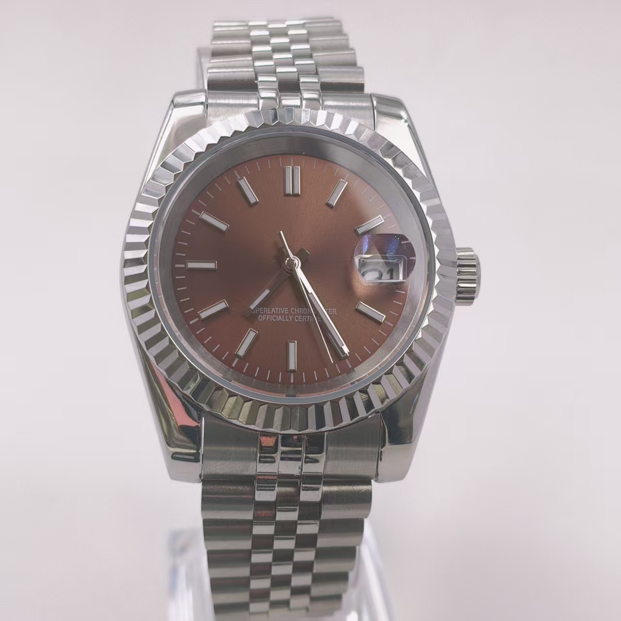 Self Made Diy NH35 Movement Sliver Watch Mod 39mm 316L Case 20mm 904L Strap green luminous Hands sapphire glass Fit NH35 movement strip nail Brown 28.