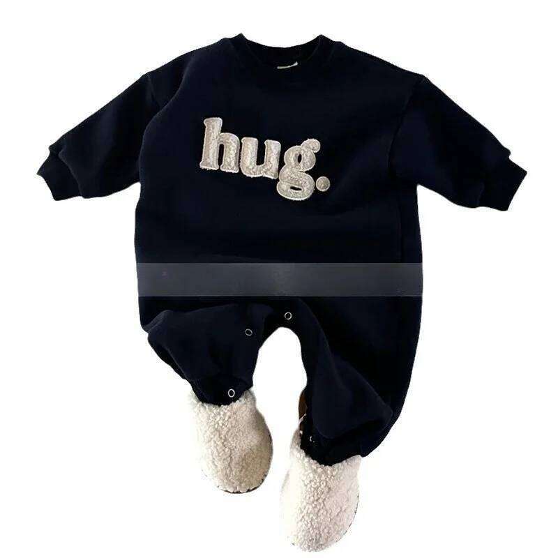 Korean Style Winter Toddler Girls Boys One-Pieces Sweatshirts Jumpsuit Letter Round Collar Fleece Rompers Baby Clothes H51905 Z260304
