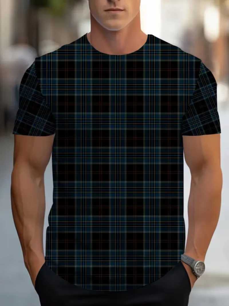 Mens Summer Plaid Striped T-Shirt Beige Gray Color Block Slim Fit Casual Crew Neck Tee for Daily Wear M260305