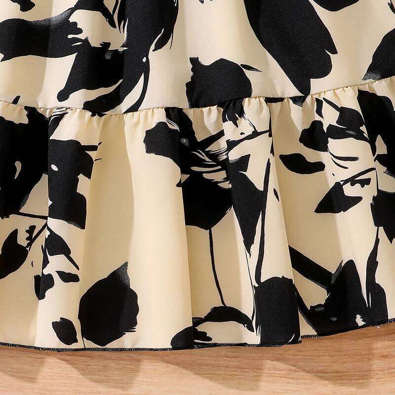 Kid Girl Long Sleeve Black Round Neck Patchwork Ink Painting Dress 8-12 Years Elegant Vintage Casual Kids Autumn Dresses Z260304