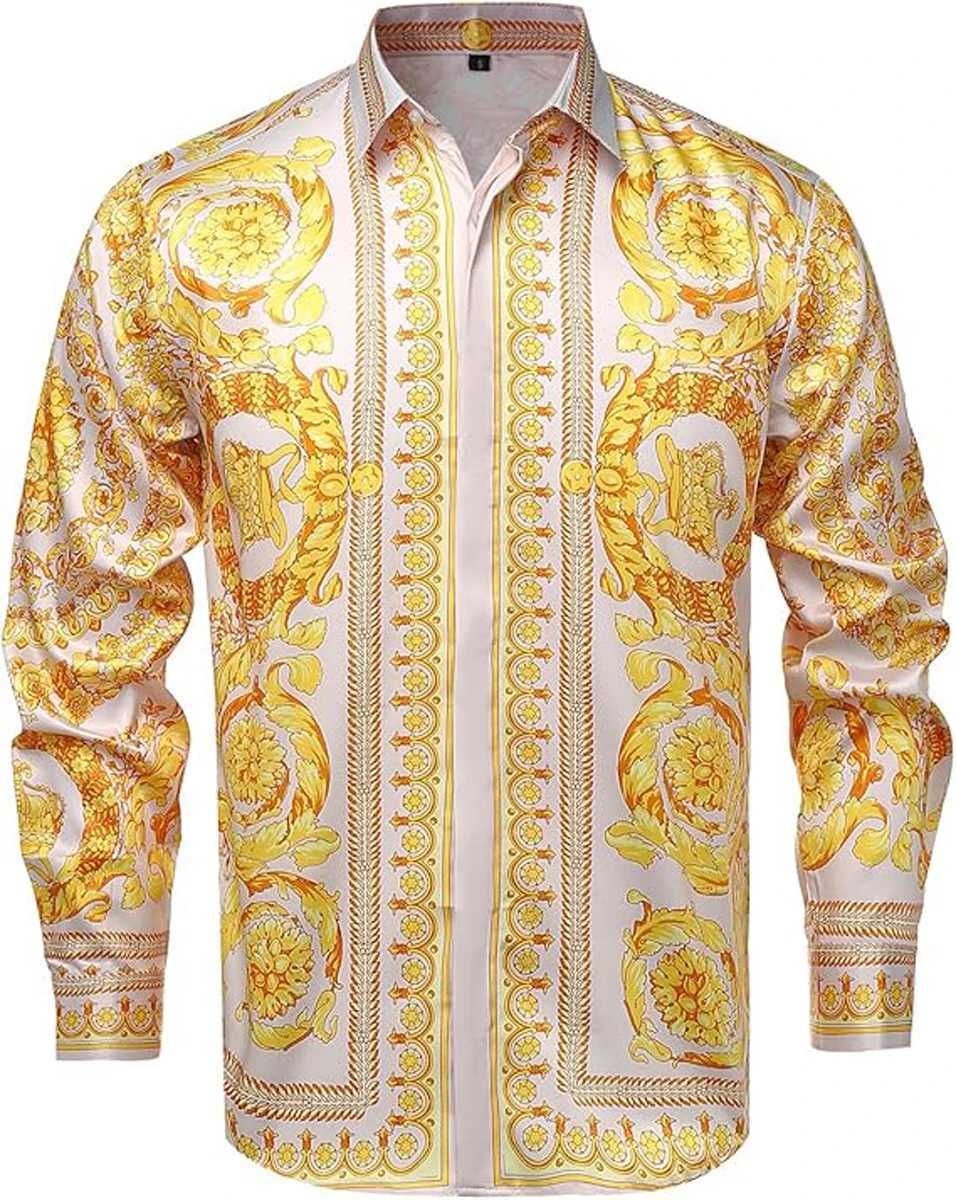 Mens RETRO Noble Gold Chain 3D Printed Shirt Hawaiian Casual Vacation Long-sleeved Lapel Performance CloTHing for Men M260305