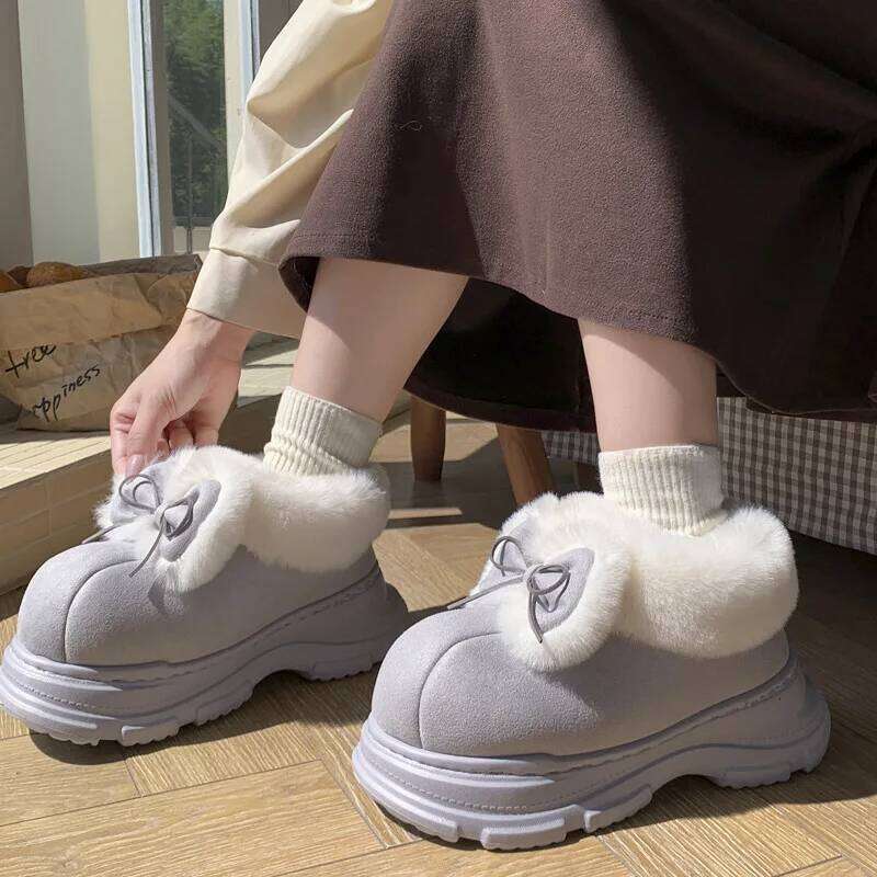 Warm Faux Fur Fluffy Slippers For Women Winter Platform Shoes Soft Plush Thick Sole Cute Bow Girls Indoor Street Snow Boots