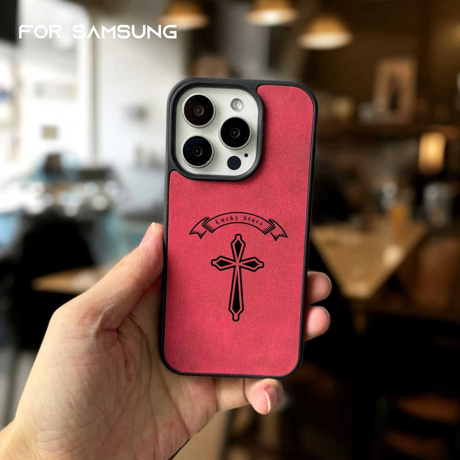 Lucky Star Cross Suede Leather Case For Galaxy S25 S24 S23 Ultra Plus | Luxury Anti-Drop Protective CoverT260305