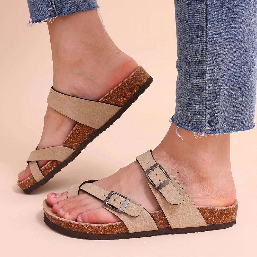 Kidmi New Fashion Women's Summer Cork Clogs Sandals Classic Women Mules Soft Suede Beach Slides With Adjustable Buckle
