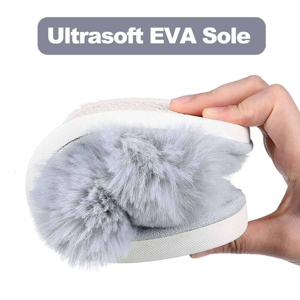 Kidmi Women Flat Fuzzy Cross Band Plush Female Fluffy Furry Bedroom Slides Indoor Non-slip Soft House Slippers