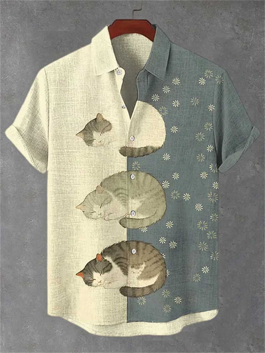 New mens short-sleeved shirt with cartoon cat print casual and breathable loose fit stylish outdoor Hawaiian shirt M260305