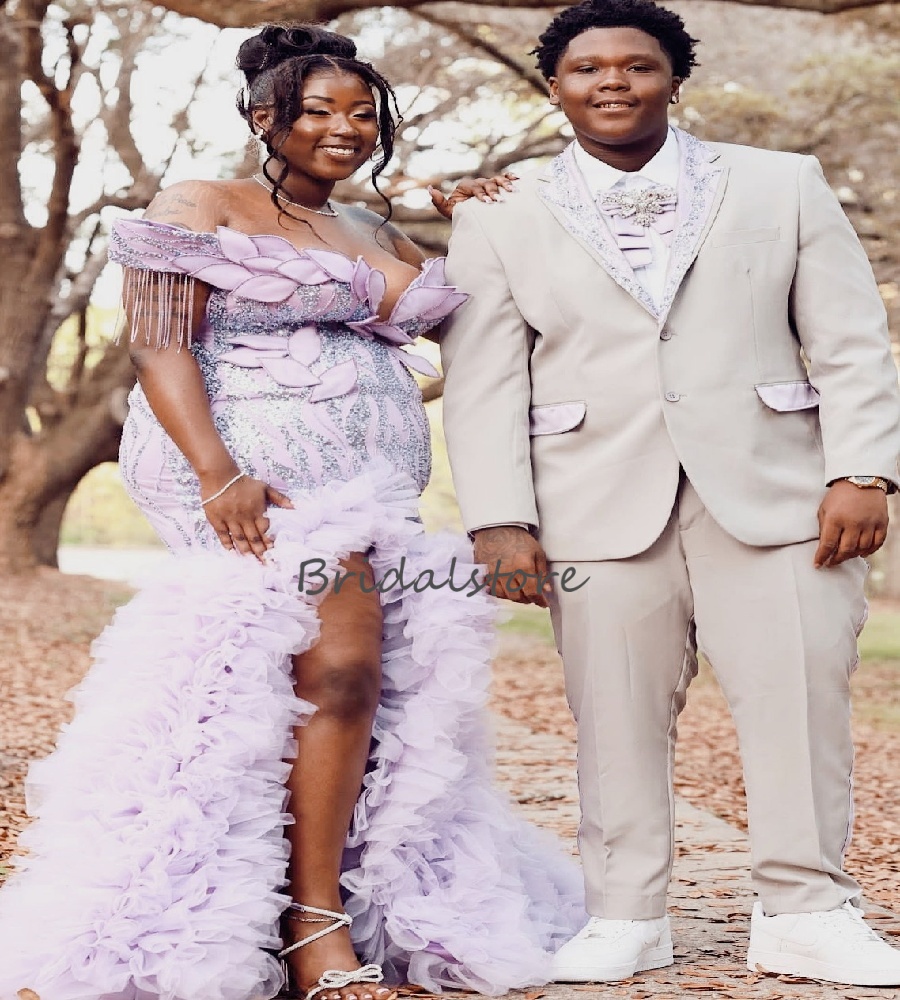 Opulent Light Purple Plus Size Evening Dress 2026 Off Shoulder Bottom Ruffles Prom Dress For Black Girls Sexy Slit Formal Dress Special Occasion Birth