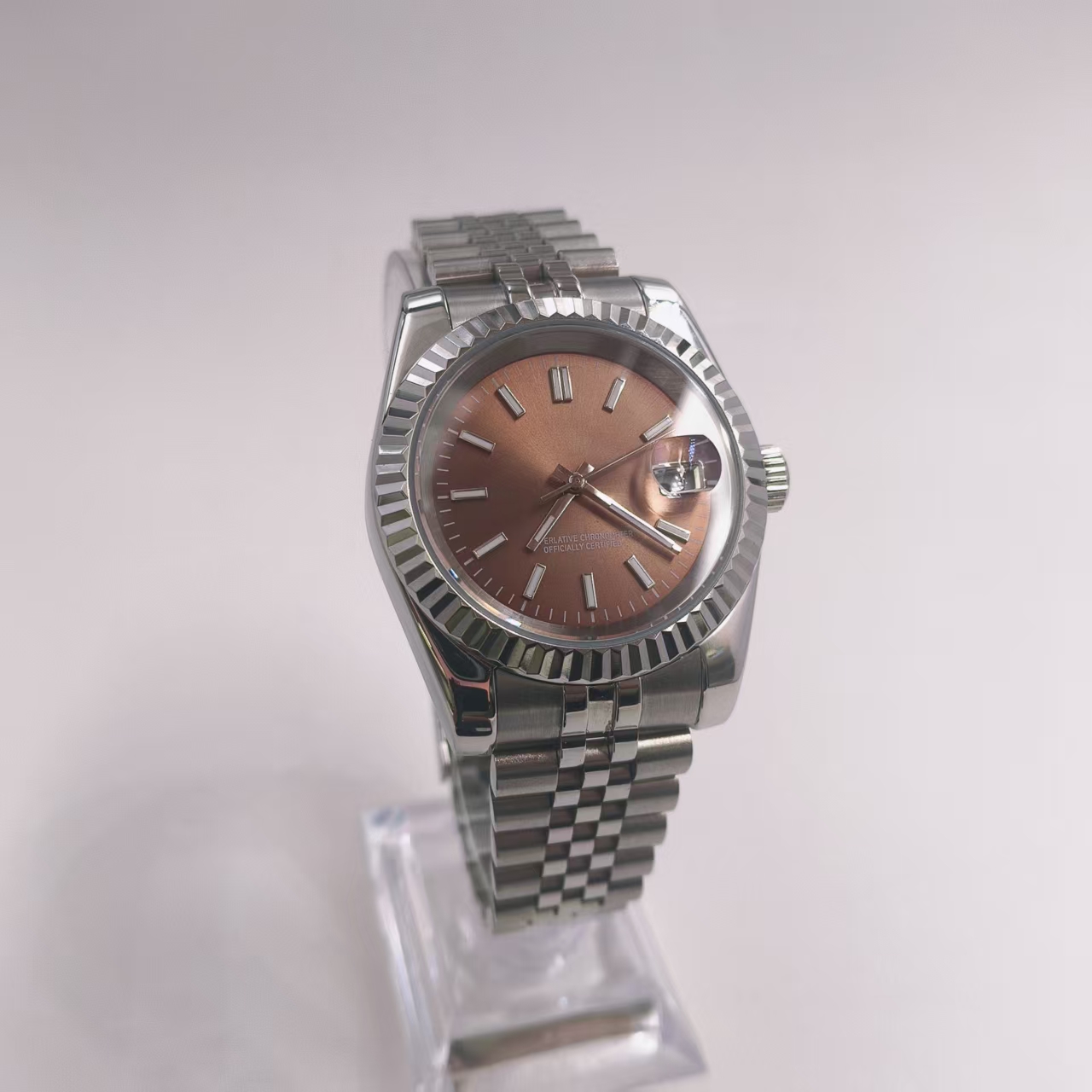 Self Made Diy NH35 Movement Sliver Watch Mod 39mm 316L Case 20mm 904L Strap green luminous Hands sapphire glass Fit NH35 movement strip nail Brown 28.