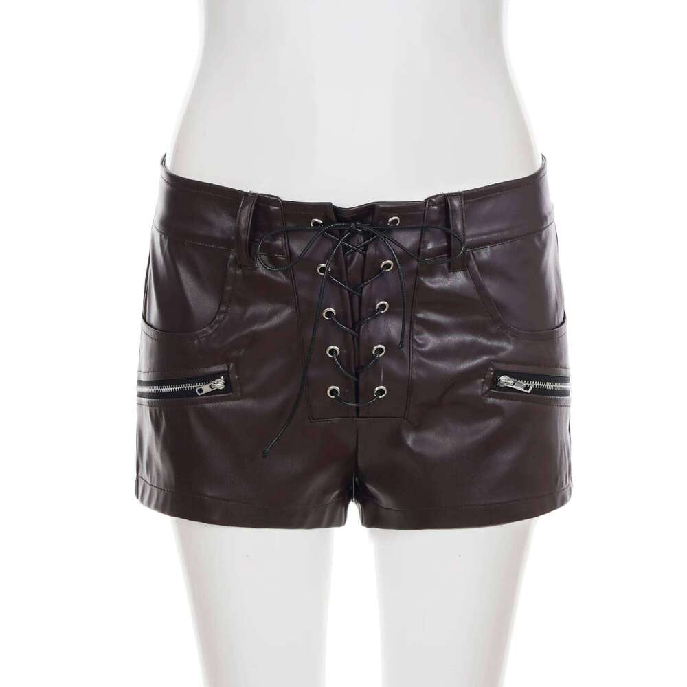 Y2K Spice Girl Splicing Drawstring Strap Zipper Pu Leather Shorts Women XJ260305