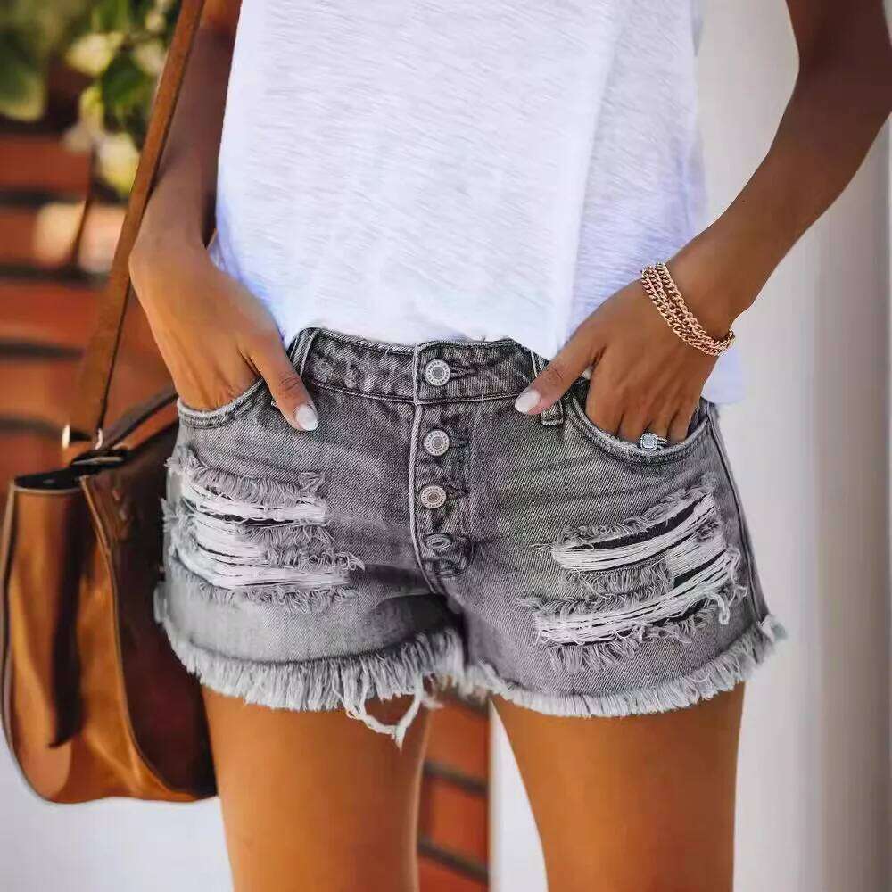 Ripped Fringed Denim Shorts Straight-breasted Women's Hot Pants 2025 Europe and America XJ260305