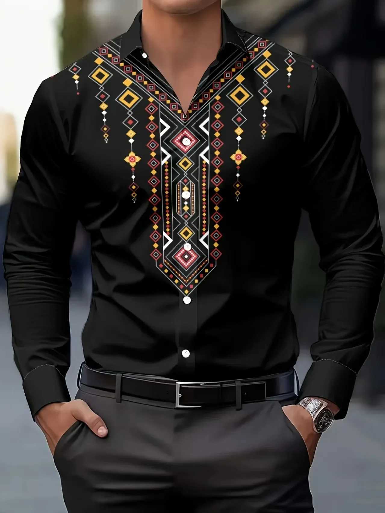 Ethnic Style Pattern Hawaiian Ethnic Wind Pattern Mens Shirt Mens Long Sleeve Simple Business Shirt Flower Comfortable Flap M260305
