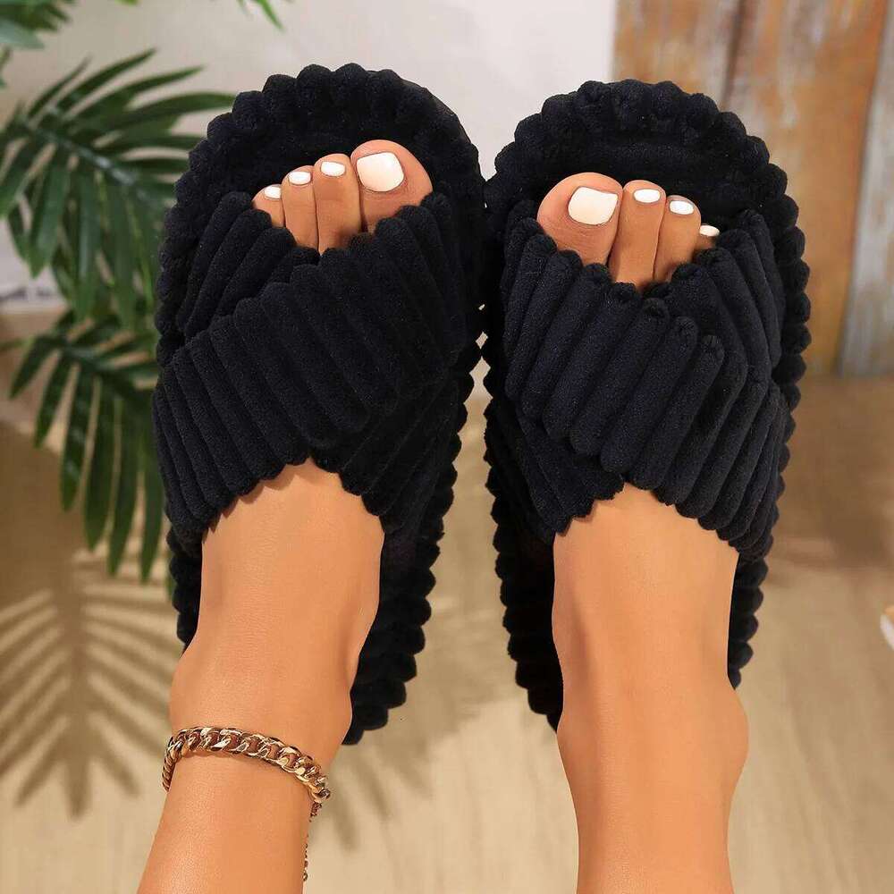 Fashion Corduroy Cross Band Open Toe Home Slippers Women Spring Summer Cotton Shoes Anti-slip Ladies Bedroom Soft Sole Slides