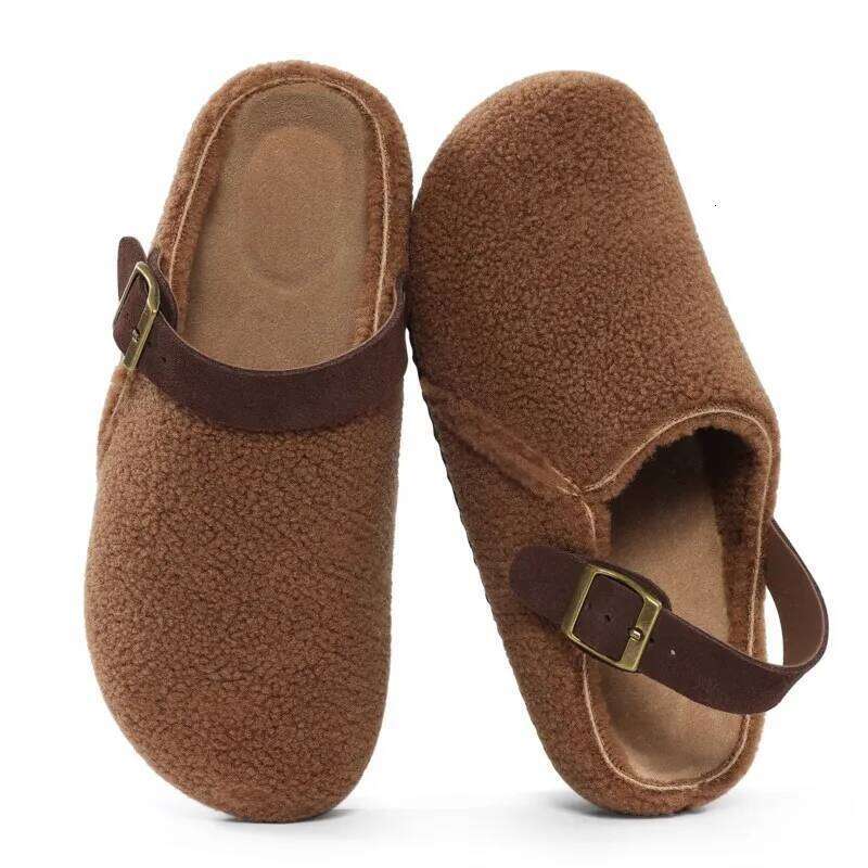 Kidmi Winter Plush Back Strap Cork sole Women's Slippers with Metal Buckle Apricot Brown Grey Casual Shoes
