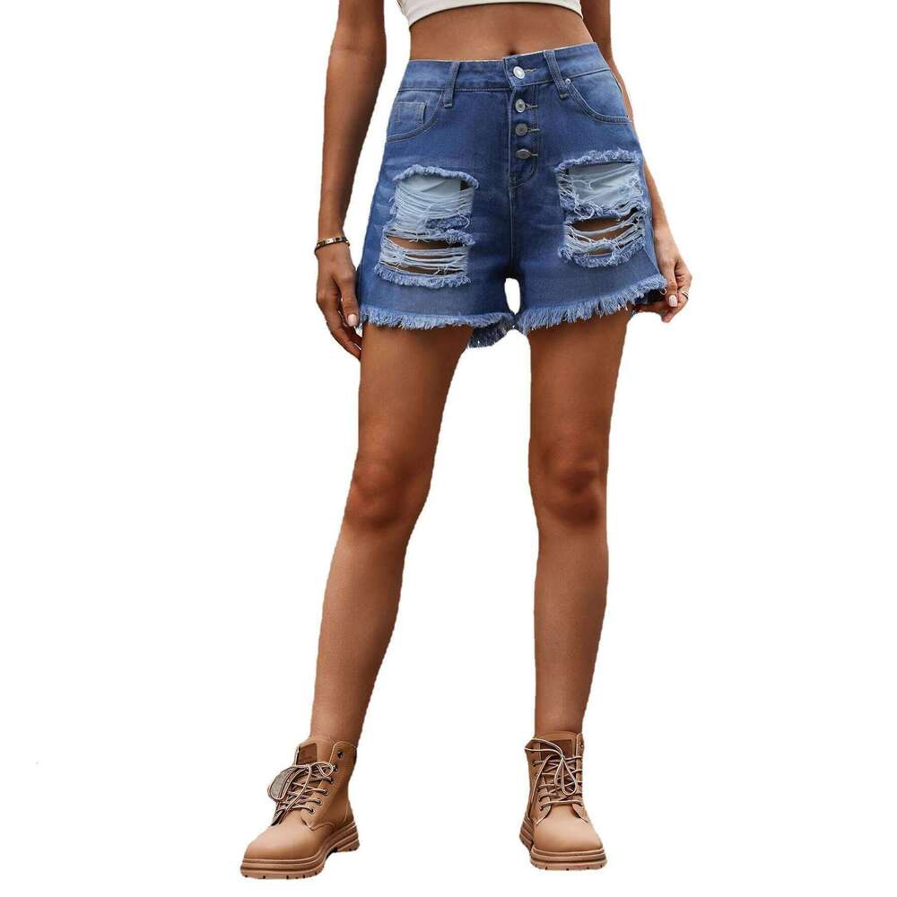 New Personality Washed Ripped Denim Shorts. Ladies Summer Fashion A Row of Buttons Rough Edge Design Casual High-waisted Shorts XJ260305