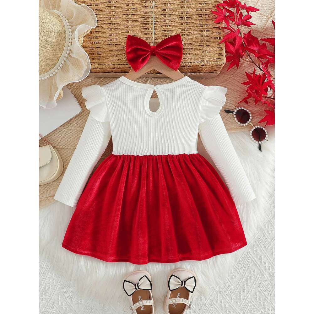 Baby girl autumn winter elegant and fashionable warm fabric round neck ruffle edge long sleeved gold velvet shou Z260304