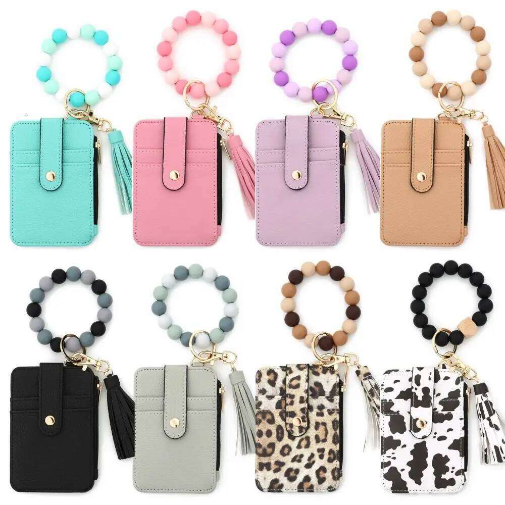 New PU Leather Boho Beaded Tassel Keychain Anti-Loss Wristlet Wallet Waterproof Storage Credit Card Holder Purse Women C260304