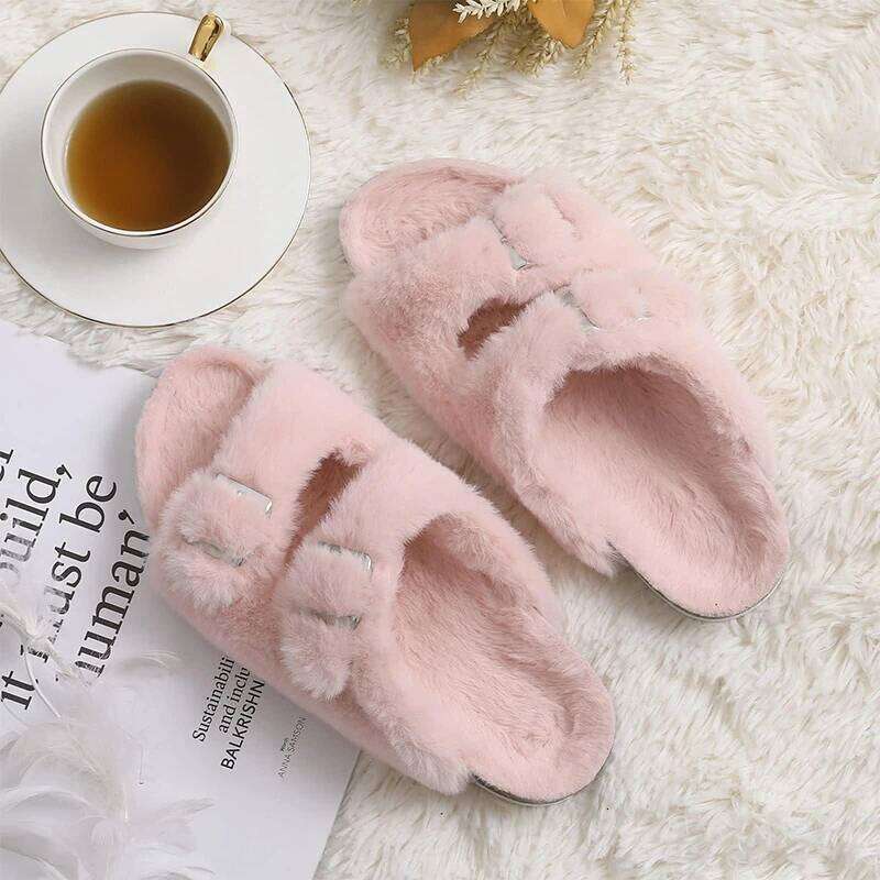 Kidmi Winter Womens Slippers Cork Insole Slides Arch Support Cozy Fluffy Covered Sandals With Adjustable Metal Buckle Shoes