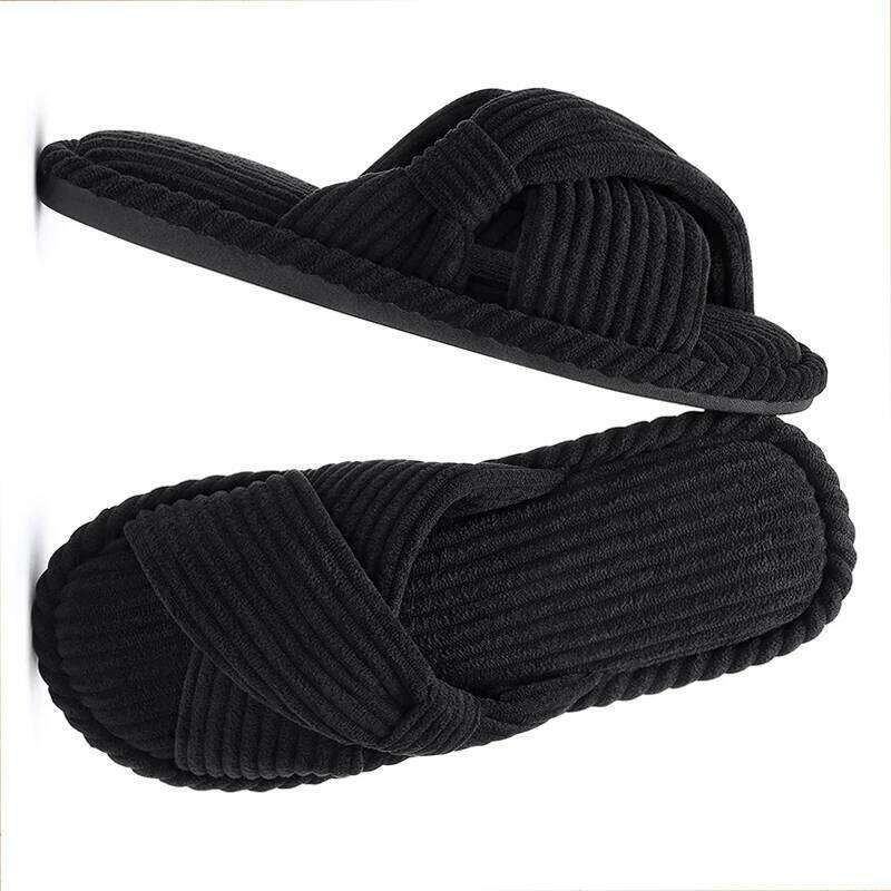 Kidmi House Corduroy Cross Bow Outdoor Slippers Fashion Open Toe Slip On Bedroom Shoes with Memory Foam for Women