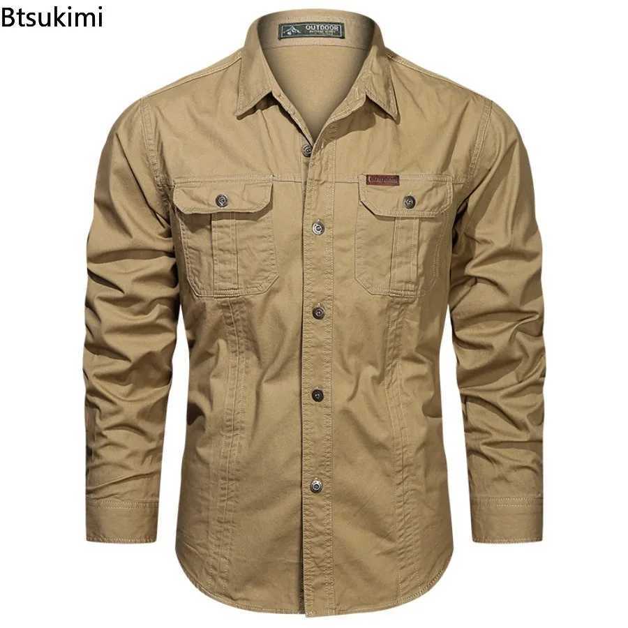 Cotton Cargo Shirts Mens Spring Autumn Long Sleeve 2-pocket Work Shirts Outdoor Casual Men Clothing Oversized 6XL M260305