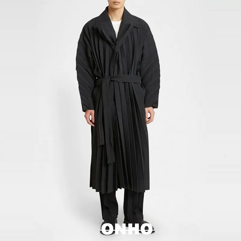 Japan Pleated Mens Trench Coat Miyake Fall Winter Loose Drape Casual British Style Mediumlength Jacket WrinkleFree 260302