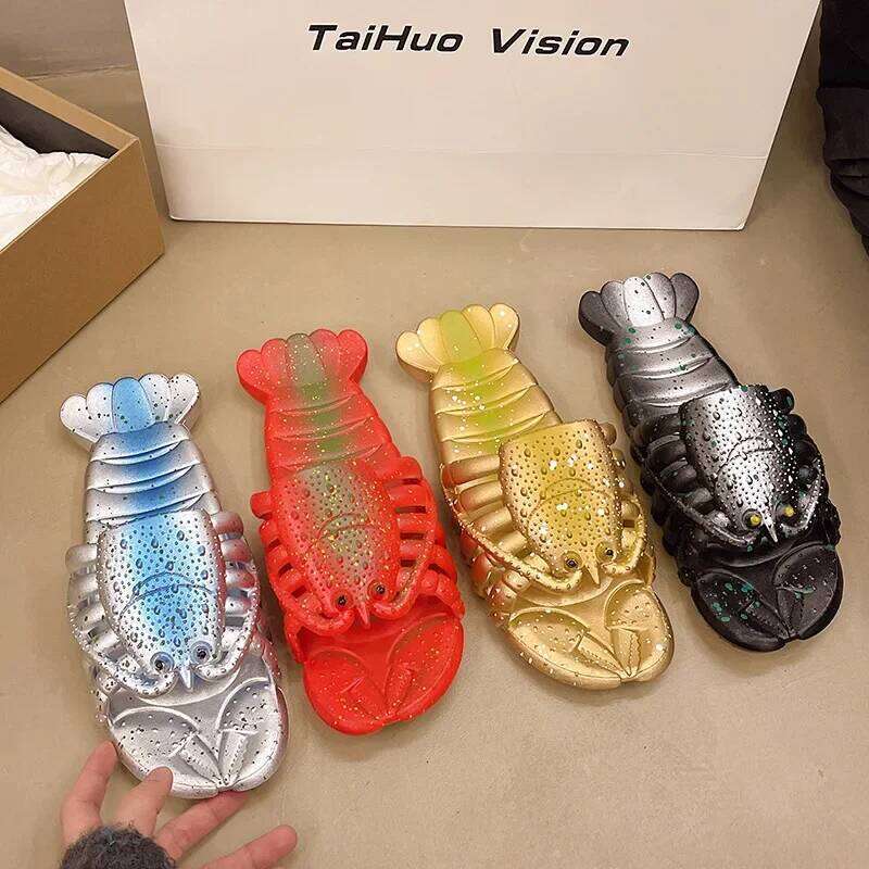 2025 New Metal Color Funny Lobster Slippers For Women Men Summer Shoes Anti-slip Cute Cartoon Couples Indoor Beach Slides