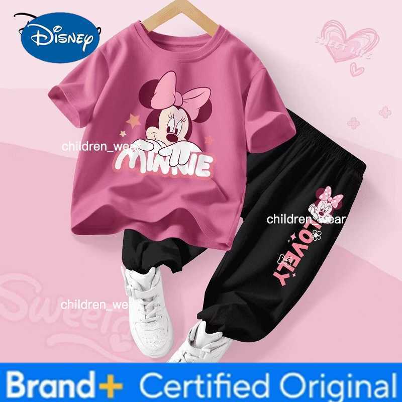 Disney Summer Baby Girl Clothes Set Children Minnie Cartoon Printing O-Neck T-shirt and Pants Two Pieces Suit Cotton Tracksuit H2603051