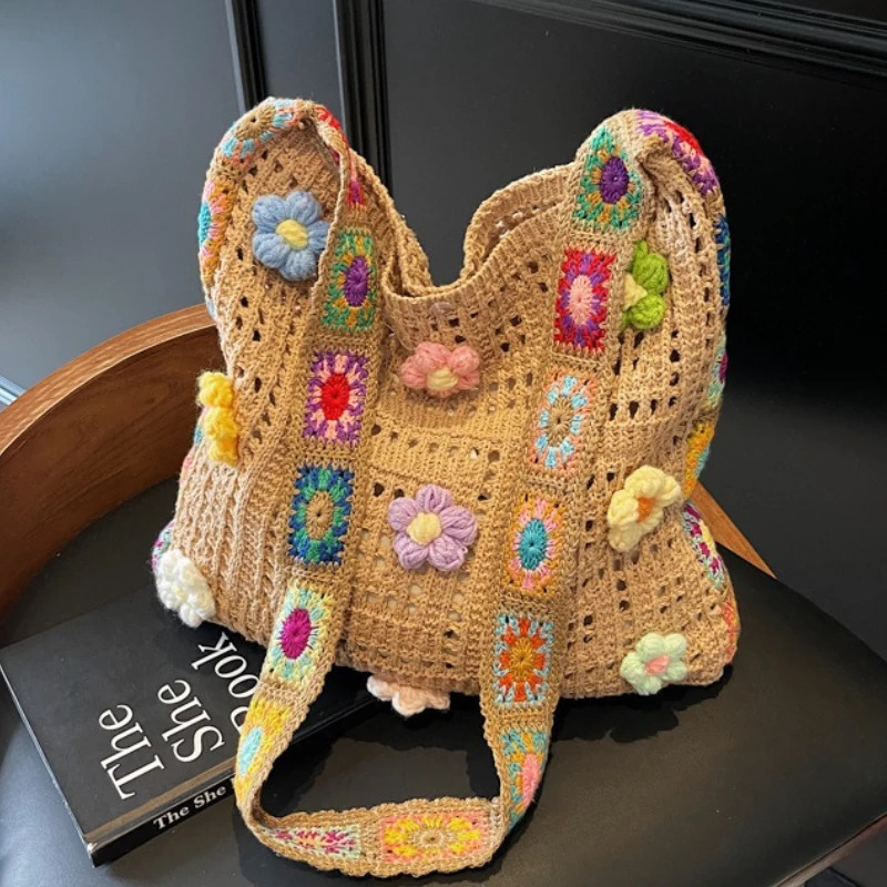 Womens Boho Crochet Bag Flowers Knitted Handbags Large Capacity Summer Beach Woven Shoulder Bag Girls Tote Shopper Bag 260303