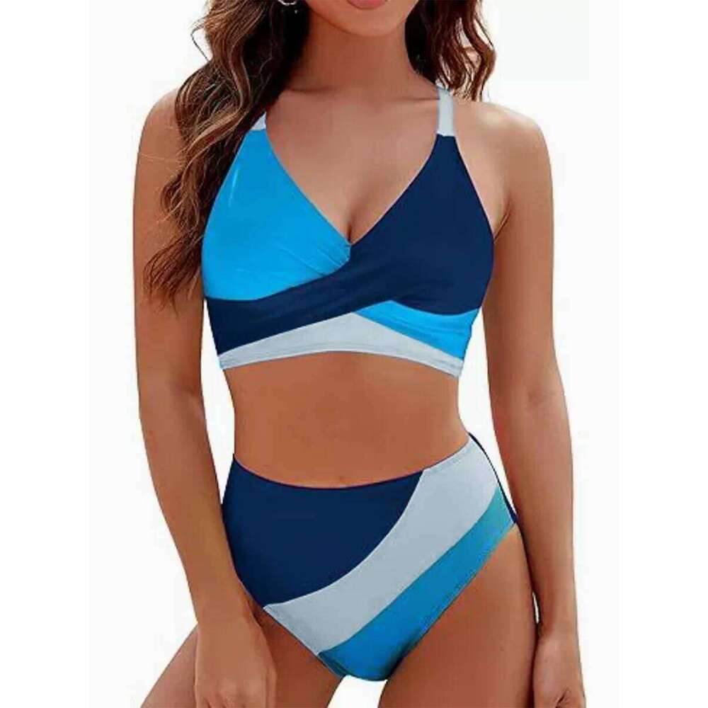 2 Pieces Bikini Set Patchwork V-Neck Sleeveless Tops Thong Bottoms Beach Bathing Suit for Women Y260303
