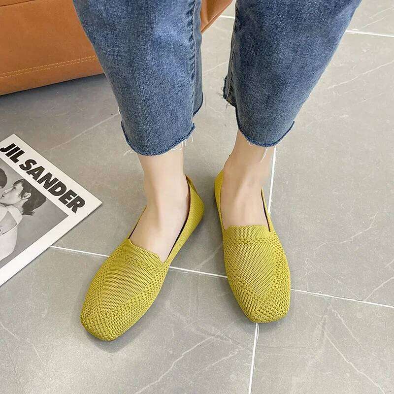 Spring and Autumn Fashion Leisure Women's Flat Square Toe Knitting Elastic Comfortable Slip-on Boutique Shoes