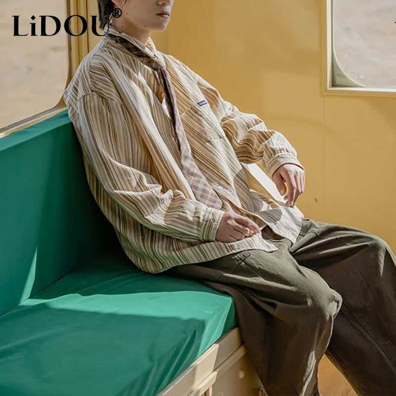 Spring Autumn Fashion Temperament Japanese Vintage Blouse Man Simple Stripes Loose Long Sleeve Top Casual All Match Male Shirt M260305