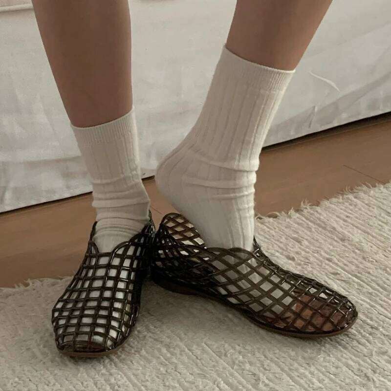Women's New Flat Sandals with Hollow Transparent Color Mesh Jelly Shoes Woman Daily Walking Flats Plus Size 41 Soft PVC Footwear